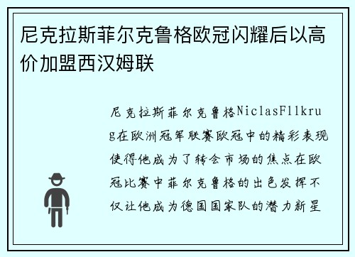 尼克拉斯菲尔克鲁格欧冠闪耀后以高价加盟西汉姆联