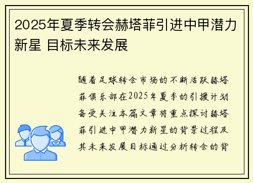 2025年夏季转会赫塔菲引进中甲潜力新星 目标未来发展